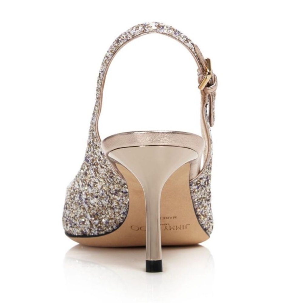 Jimmy Choo Erin 60 Platinum Glitter Pointed Toe Slingback Kitten Heel Pumps 38 - Picture 2 of 16
